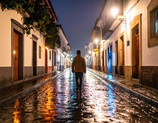 Man walks down a wet cobblestone street at night