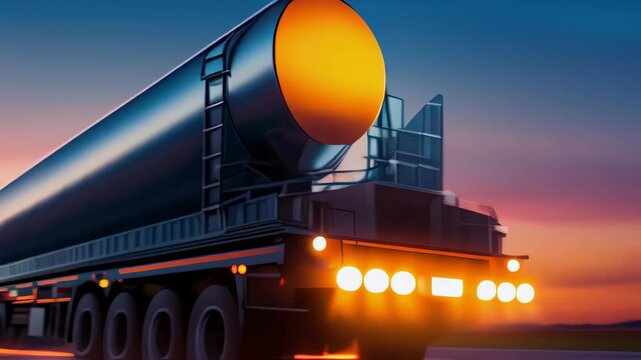 Military truck carrying nuclear warhead driving on highway at sunset