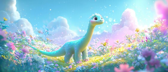 Fototapeta premium Cute dinosaur in a colorful flower field. AI.