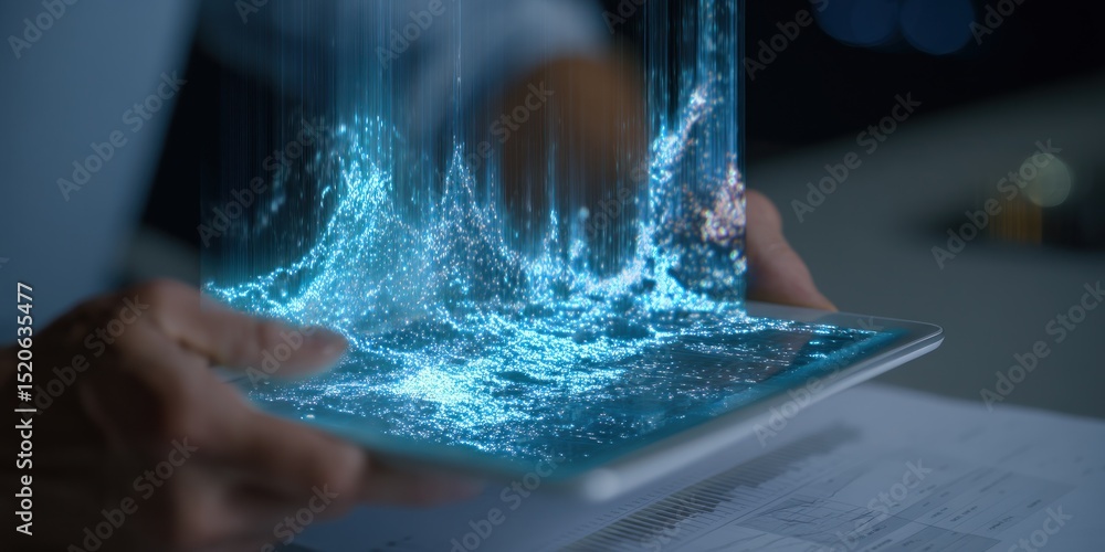 Poster a person holding a tablet with a digital water effect cascading from the screen in a futuristic sett