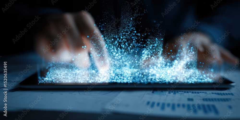 Poster a person interacting with a tablet displaying glowing blue particles above a document with charts on
