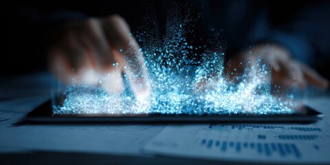 A person interacting with a tablet displaying glowing blue particles above a document with charts on it