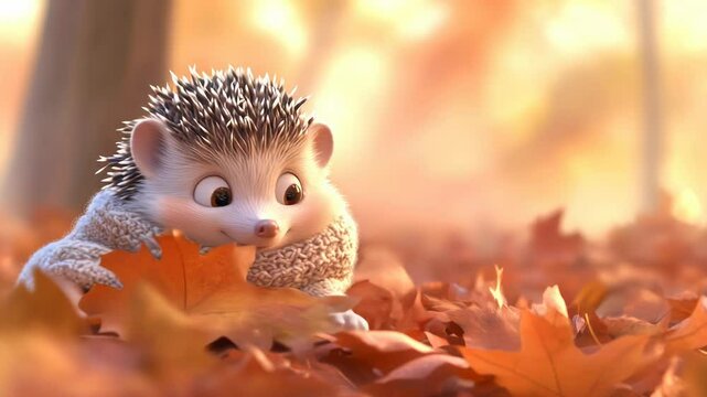Adorable hedgehog wearing a cozy sweater enjoys a sunny autumn day playing with colorful fallen leaves