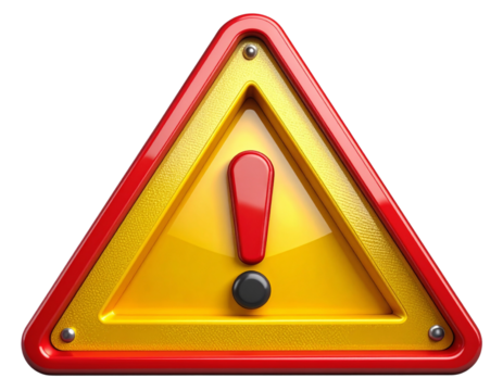 3D Metallic Warning Triangle Icon with Glossy Red Border and Reflective Surface, isolated on a transparent background