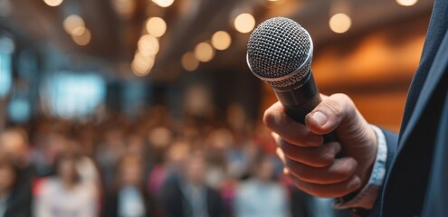 Speaker holds microphone for public speaking event