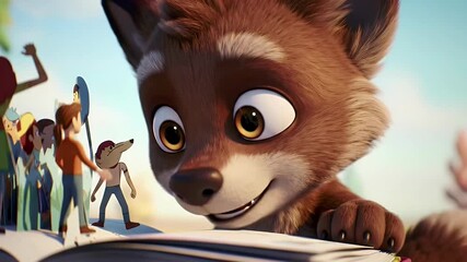 Animated raccoon character reading a storybook with paper figures childrens education illustration cartoon illustration pastel colors