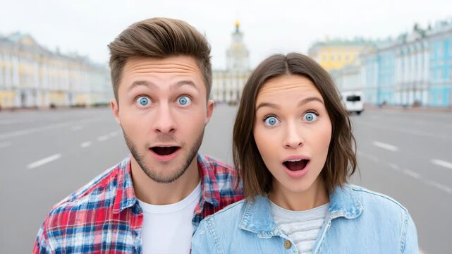Astonishment in the City: A captivating duo, with wide-eyed expressions of surprise and shock, stand against the backdrop of an iconic cityscape.