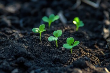 Young sprouts emerging from dark soil.
