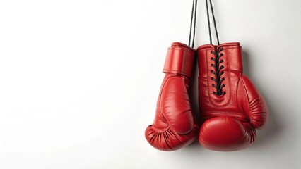This minimalist studio shot features two striking red boxing gloves, hanging side-by-side. The clear focus on the gloves and the pure white backdrop make them stand out