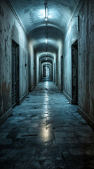 Haunting, desolate hallway, with arched ceilings and barred windows, illuminated by fluorescent lights. Long perspective. Abandoned and decaying structure.