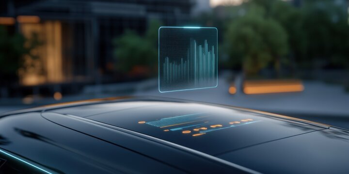 Close up of car roof with holographic display showing data and graphs in a futuristic setting