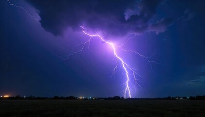 A dramatic shot of a powerful bolt of lightning striking the ground during a nighttime thunderstorm, illuminating the dark landscape with an intense flash , natural, environmental, ground