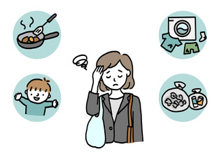 働く女性　帰宅後の家事育児