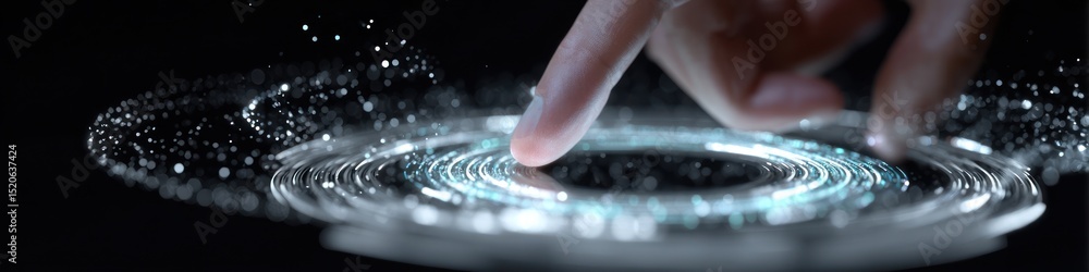 Poster a finger touching a glowing circular surface surrounded by particles on a dark background scene view