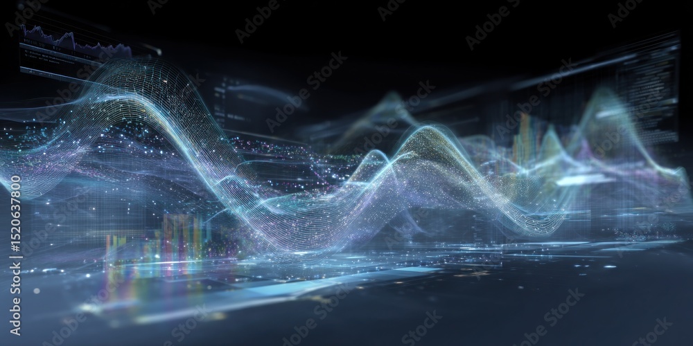 Aufkleber abstract blue digital landscape with waves and data visualization on a dark background scene view