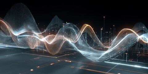 Abstract data visualization with glowing waves and connections on a dark background design style