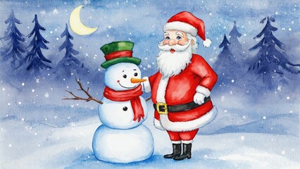 Cheerful Santa Claus with Snowman in Winter Landscape Under Moonlight in Vibrant Watercolor Style