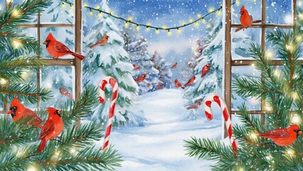 Winter Wonderland with Snowy Landscape, Cardinals, Candy Canes, and Festive Decorations Through Window