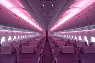 Fototapeta premium Empty passenger cabin of a modern airliner, illuminated with a soft pink light.