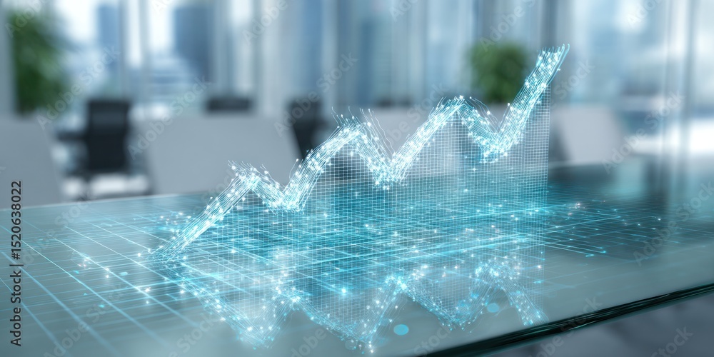Poster digital graph overlaying a table in an office setting showing growth and financial success view