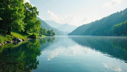 A serene lakeside scene, perfect for quiet contemplation and unwinding Gentle ripples on the water, lush greenery, and a peaceful atmosphere Ideal for relaxation and escape , plants, getaway