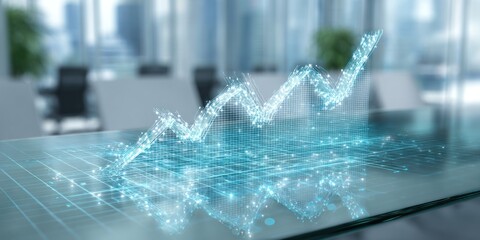 Digital graph overlaying a table in an office setting showing growth and financial success view