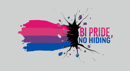 BI PRIDE, NO HIDING. Bisexual pride flag colors breaking through a wall, symbolizing visibility and acceptance. LGBTQIA+ awareness and empowerment concept.
