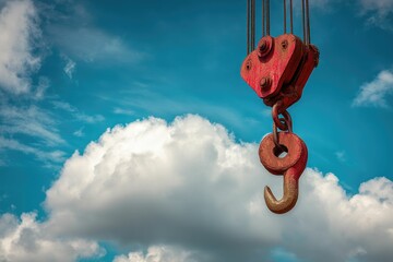 Crane hook swinging overhead with blue sky and clouds