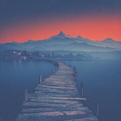 Misty mountain lake sunrise