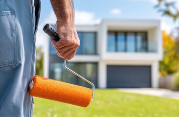 Person painting house exterior with paint roller