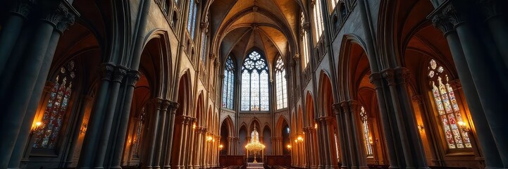 Fototapeta premium Awe-inspiring Gothic cathedral, intricate stonework, stained glass windows illuminating the nave, soaring arches, religious architecture at its finest , sacred, spire, pillar