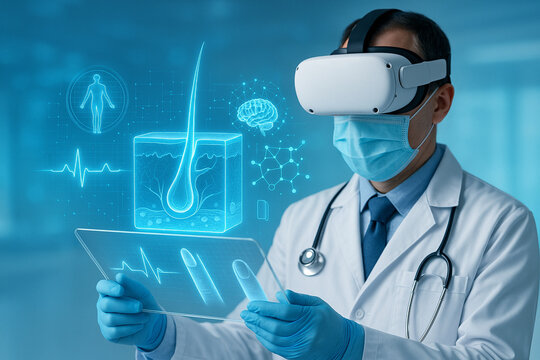 AI generated medical scene of a doctor using VR and holographic interface in futuristic healthcare with glowing data visualization