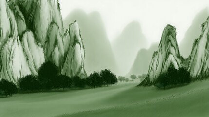 Green monochrome mountain landscape with trees