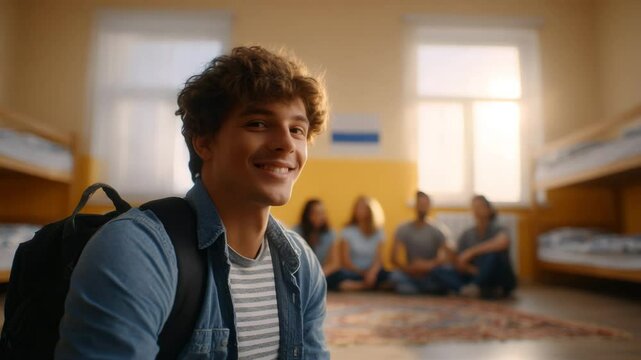 Optimistic Student at University: A young, smiling student with a backpack stands confidently in a dorm room, representing the start of his campus experience and academic journey. 