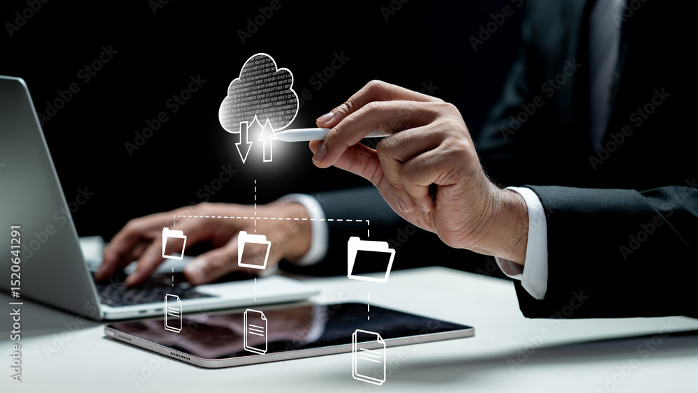 Poster businessman using tablet while touching cloud network icon from tablet screen. technology innovation
