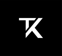 Modern Minimalist TK Monogram Logo Design, White Letters, Black Background