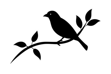 Simple, elegant silhouette of a bird perched on a tree branch against a white vector deign  background. 