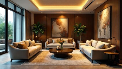 Fototapeta premium Luxurious hotel lobby with plush seating, elegant lighting, and modern art A perfect blend of comfort and sophistication, ideal for relaxation or business meetings , opulent, hotel lobby