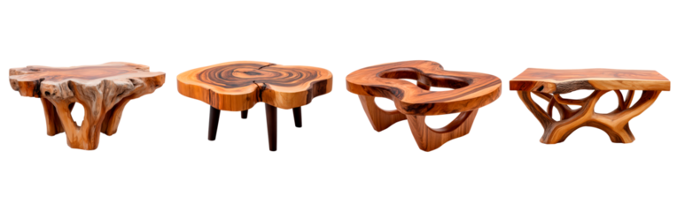 Set of unique handcrafted wooden table on transparent background, PNG