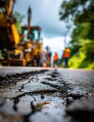 Cracked pavement with road construction crew working