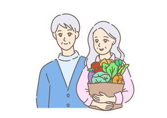 たくさんの新鮮な野菜を抱えて歩く、買い物帰りの素敵なグレイヘアの初老の夫婦（背景なし）
