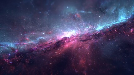 Fototapeta premium A vibrant cosmic canvas, where nebulae paint the darkness with shades of blue, pink, and starlight, an ethereal dance among galaxies.