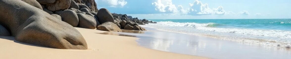 Smooth, grey rocks meet a sandy beach at low tide, waves gently lapping the shore Perfect for travel, nature, and coastal themes Ideal for websites, brochures, or magazines , rocky beach, calm