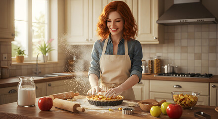 Happy Woman Baking Delicious Apple Pie in Cozy Kitchen