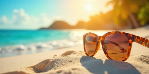 Stylish sunglasses resting on a vibrant summer beach scene, reflecting the sun's rays Perfect for travel, vacation, and summer themes , uv, reflection, summer
