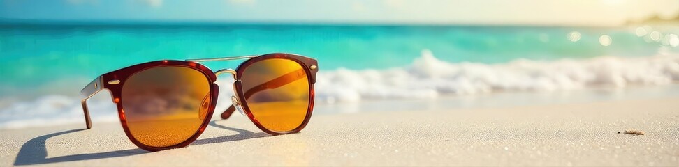 Stylish sunglasses rest on a vibrant summer beach scene, reflecting the bright sun and ocean waves Perfect for travel, vacation, and summer promotional materials , heat, sunshine
