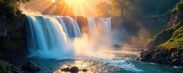 Sunbeams illuminate a cascading waterfall, creating a magical, ethereal scene The water sparkles, mist hangs in the air, and the sunlight paints the landscape in vibrant hues , dramatic light, stones