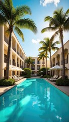 Sun-drenched California hotel pool with palm trees swaying gently in the breeze, inviting and luxurious Perfect for summer vacation and travel brochures , vibrant, sunglasses, getaway