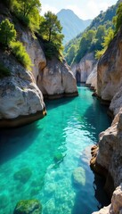 Sun-drenched secluded cove, turquoise water laps gently against smooth rocks, idyllic summer scene Perfect for travel, vacation, and summer themes , getaway, seaside