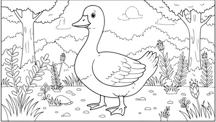 Fototapeta premium duck cartoon outline for coloring page, vector line art black and white illustration, white background 